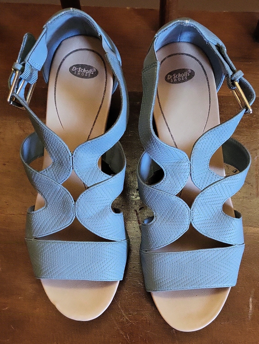 Dr. Scholl's Soft Light Blue Scalloped Strap Wedge Heels